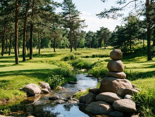 A serene landscape featuring a stone stack by a gentle stream, surrounded by lush greenery and tall trees under a bright sky.