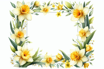 Floral frame with daffodils and narcissus flowers on white background.