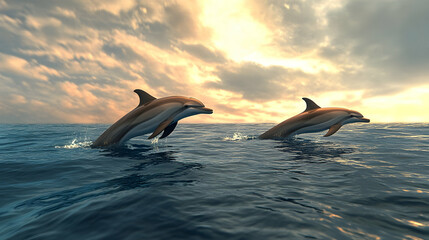 Fototapeta premium Dolphins jumping out of water in the sea, sky with clouds background; for tourism, nature, oceanography, travel websites or articles