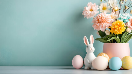 Easter celebration bunny, eggs, flowers in a vase against a plain wall. Suitable for spring, holidays and decoration designs