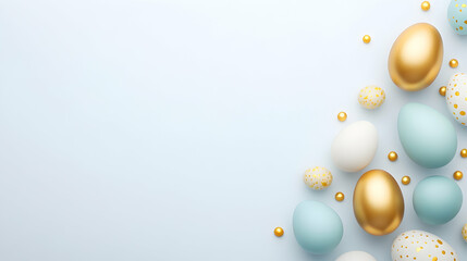 Easter celebration background with colorful eggs and decorations on a table, for cards, invitations, and holiday related designs