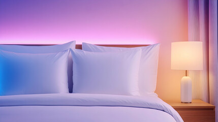Elegant bedroom with illuminated headboard and bedside lamp. Suitable for relaxation articles or real estate