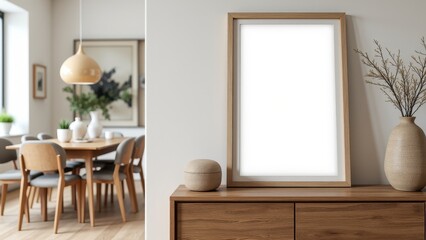 Collage Frame Mockup on Shelf, Dining room with frame on sideboard table visible photorealistic.