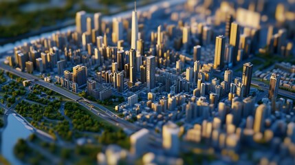 A Miniature Metropolis: Detailed Cityscape with Skyscrapers and Urban Infrastructure