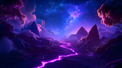 Fantasy landscape with purple river, mountains, clouds & trees under starry sky. Suitable for backgrounds, book covers or digital art