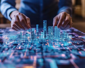 Hands placing small business models on a large digital city blueprint, urban economic strategy