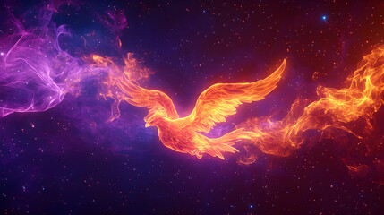Fiery phoenix soaring across colorful cosmic space. Illustration for fantasy, mythology themes, wallpapers, or backgrounds