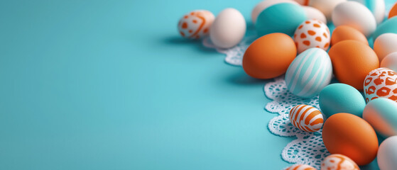 Colorful Easter Eggs on Turquoise Surface with Lace Doily Decoration