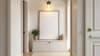 Collage Frame Mockup on Shelf, Hallway with frame decor trims visible photorealistic.