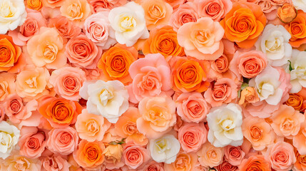 Floral background with colorful roses in bloom, a lovely romantic display for celebrations, weddings, or events, representing beauty and love