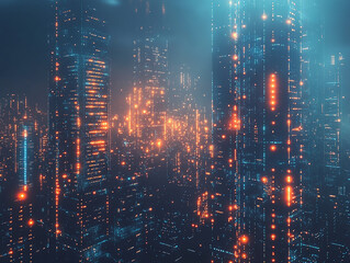 Futuristic urban landscape cyber city digital art nighttime aerial view neon lights and technology visuals