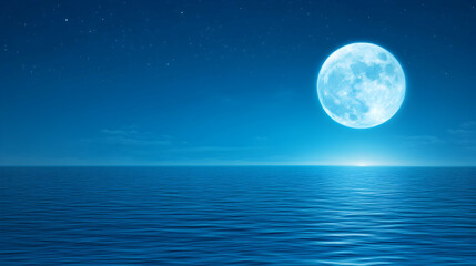 Full moon over ocean waves at night, starry sky on horizon, serene scene for meditation, tranquility, or calm background