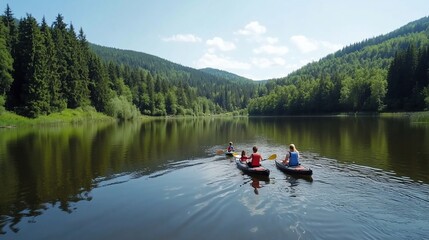 Kayakers on serene lake, mountain backdrop