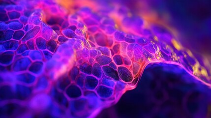 Close up of a colorful cellular structure, showcasing intricate patterns and vibrant hues. The image highlights the complexity and beauty of microscopic science