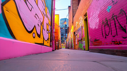 Fototapeta premium Graffiti-covered alleyway with distant city building for use as a backdrop, wallpaper, or artsy blog post