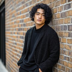 Obraz premium A fashionable Asian guy with curly hair, leaning against a brick wall, wearing layered spring fashion