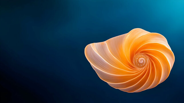Golden spiral shell against blue background. Can be used for design purposes