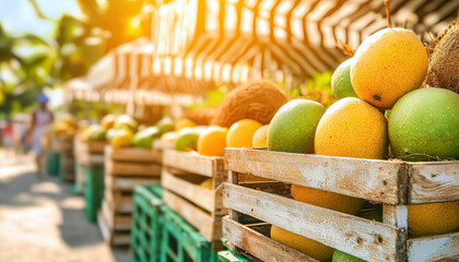 Fresh mangoes in wooden crates at sunny outdoor market