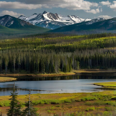 Serene Mountain Lake:  A tranquil scene unfolds with a serene lake mirroring the majestic snow-capped mountains, their peaks piercing the blue sky, while a lush forest embraces the water's edge.