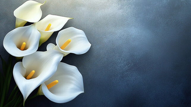 Elegant white calla lilies arranged on dark background. Perfect for sympathy cards, funeral programs, or memorial designs.