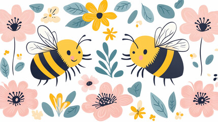 Happy bees with flowers amidst green leaves. Concept design for summer theme, illustrations, invitations, postcards, kids' cards, stationery