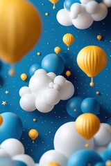 Colorful hot air balloons against blue sky with white clouds 3d art illustration bright and playful atmosphere