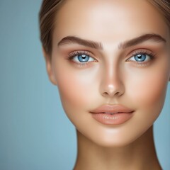 Fototapeta premium A close-up portrait of a beautiful woman with striking blue eyes and flawless skin.