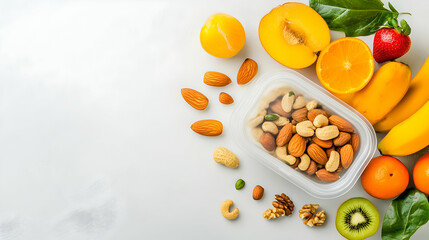 Healthy snack of fruits and nuts in a container, on a light surface. Healthy choices concept for food advertisement or healthy recipe blog