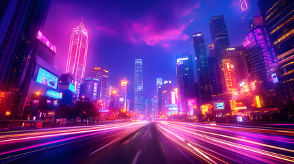 Fototapeta premium Hong Kong city streets with light trails at night. Modern skyscrapers in the background. For travel, business, or urban living themes