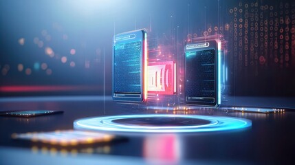 Abstract AI-driven loyalty card concepts, floating holographically in a futuristic scene, radiating innovation and trust.