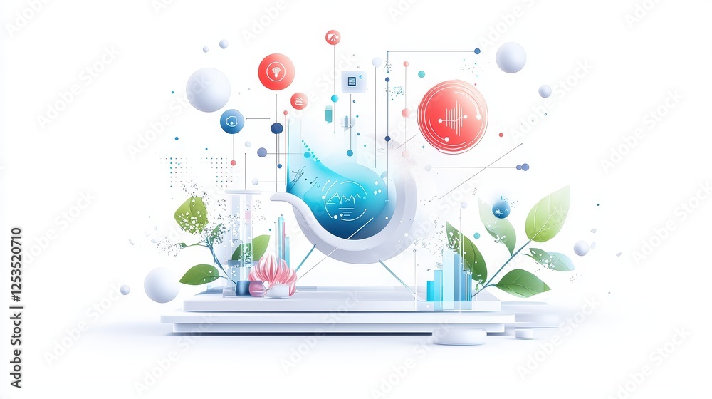 Poster abstract flat-style ai marketing automation process, with workflow elements and minimal futuristic g