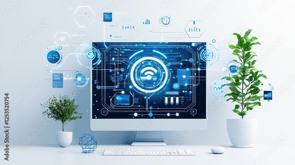 Poster abstract flat-style ai marketing automation process, with workflow elements and minimal futuristic g