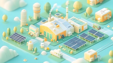 Isometric Low Poly Design of Futuristic Solar-Powered Factory Scene