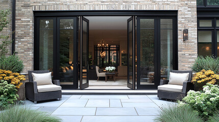 Modern patio with black bi-fold doors, rattan chairs, and potted plants. Perfect for showcasing home design, architecture, or outdoor living concepts.