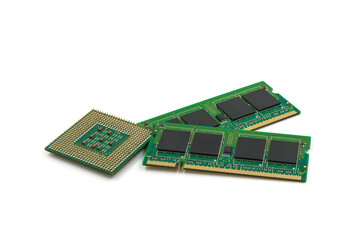CPU and RAM isolated on a white background. CPU and RAM for a laptop. Set of RAM and processor.