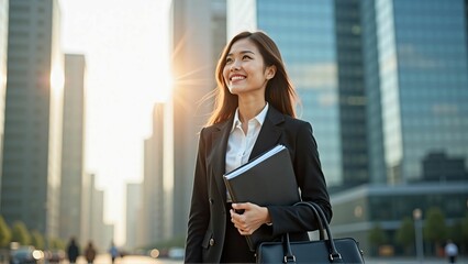 Successful Asian Woman Walking in the Business District – Confident Corporate Professional in a Modern Cityscape