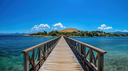 Fototapeta premium Wooden pier leads to island, clear sea, sunny day, travel postcard