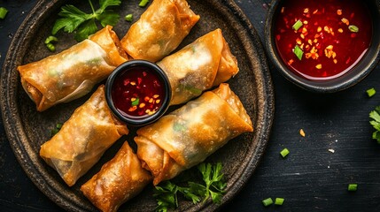 Shrimp spring rolls served on a plate with dipping sauce.
