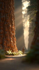 Obraz premium Aweinspiring digital art depicting a lone figure walking a path between colossal textured rock formations bathed in golden sunlight.