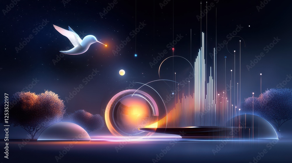 Poster an ai-powered optimization system dynamically adjusting ad spend, visualized with abstract glowing b