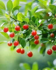 Obraz premium Fresh red berries on green branch, showcasing nature beauty and abundance