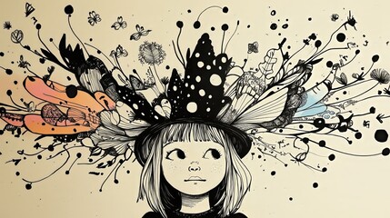 Imaginative girl with nature-themed hat featuring vibrant butterflies and flowers in whimsical ink style