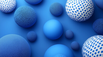 Blue spheres with various textures and patterns on blue background create visually striking composition. arrangement of these spheres adds depth and interest to design