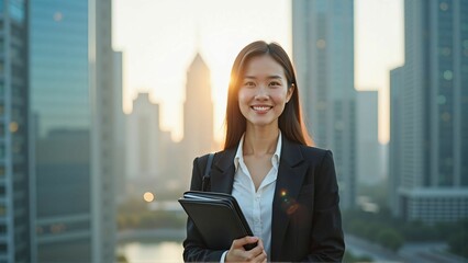 Fototapeta premium Confident Asian Businesswoman Walking Through the City – Professional and Ambitious Career Woman in an Urban Environment