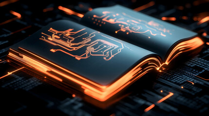 Open digital book with circuitry glows, tech learning background, study concepts, for future, education, technology, and innovation themes