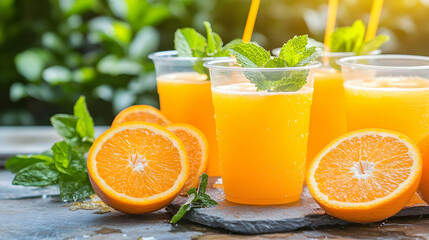 Orange juice with mint on a table, summer refreshment, healthy lifestyle drink. Advertising beverage, product shot