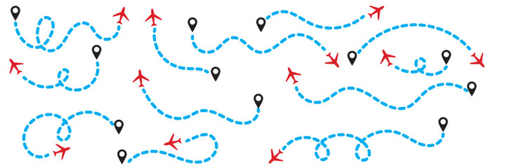 Set of airplane routes dotted editable line. Planes traveling from the start point of the path. Airplane tracking, travel, map pins, location conclusions. Vector illustration 