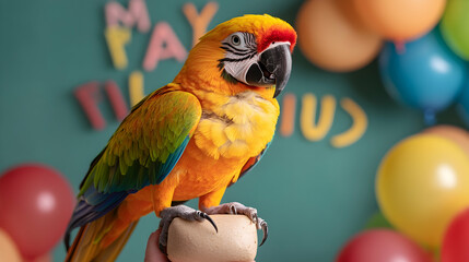 Pet macaw bird portrait in a festive, colorful party atmosphere background. Use for party supplies and pet products, cards, invitation
