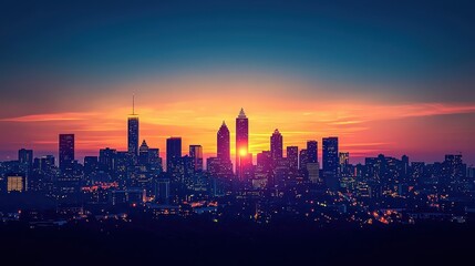 Fototapeta premium Flat vector silhouette of Atlanta skyline, with its iconic skyscrapers and the Georgia State Capitol standing proud under a vast gradient sky, symbolizing ambition and southern charm.