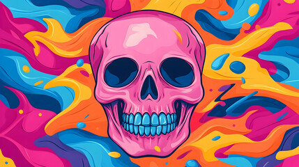 Fototapeta premium Pink skull art against a colorful swirling background. Art for posters, prints, Halloween decorations, t-shirts, and as website graphics